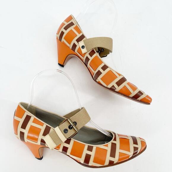 Vintage Retro Miu Miu Orange Tan Brown Woven Pointed Toe Mary Jane Pump IT 36 - Picture 3 of 11